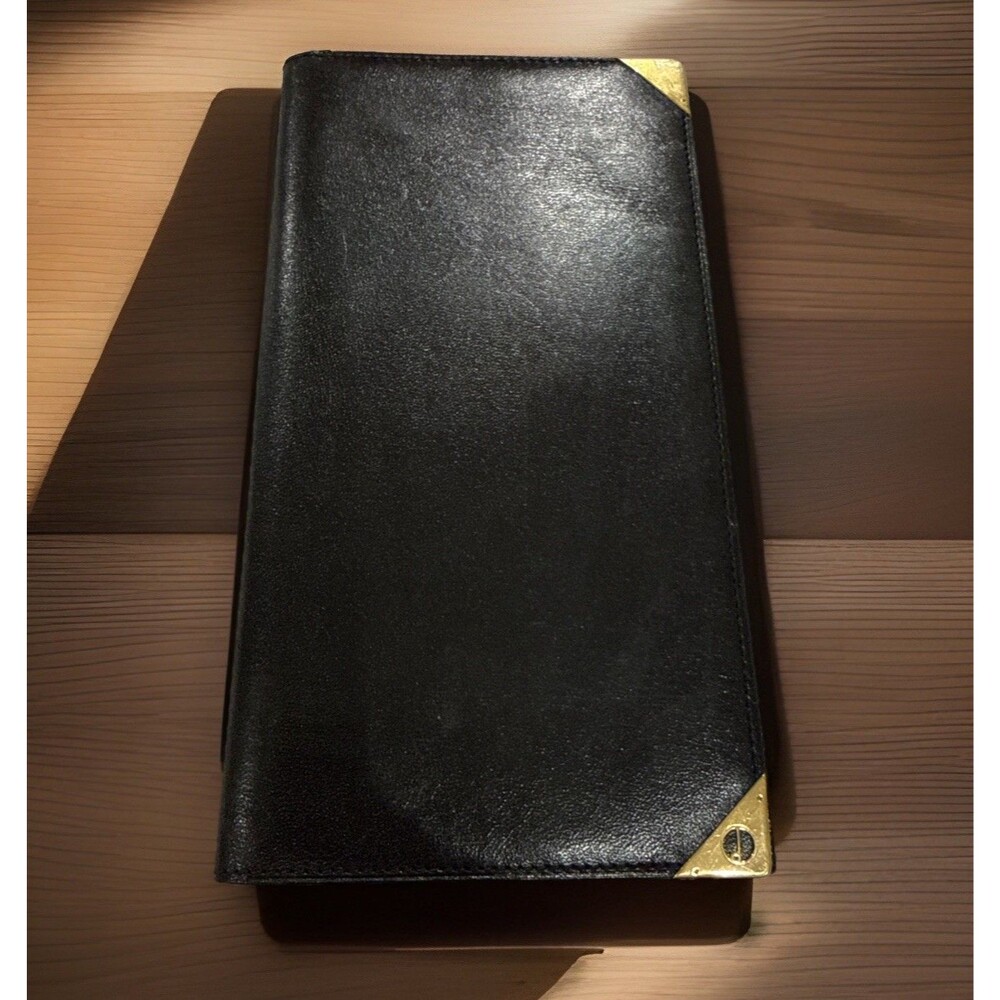 Dunhill Checkbook Wallet Black Leather Bi-Fold Unisex Gold Accents GUC